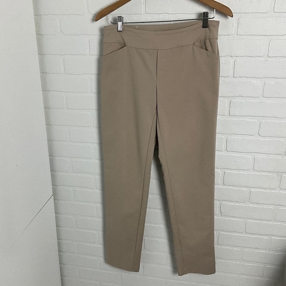 Up! Trouser pants Pull on Straight leg Pockets Tan Beige Comfy Stretch FLAW Sz 4 - Picture 1 of 11